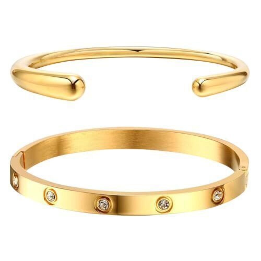 3638 Gold Bracelets , 2Pcs 18K Gold Plated Cubic Zirconia Bangle Crystal